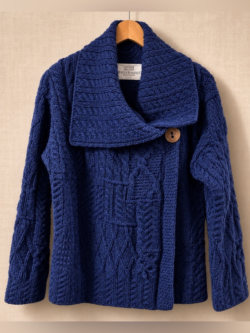 Aran Sweater Market 100% Merino Wool Cable Knit Cardigan Navy Shawl Collar